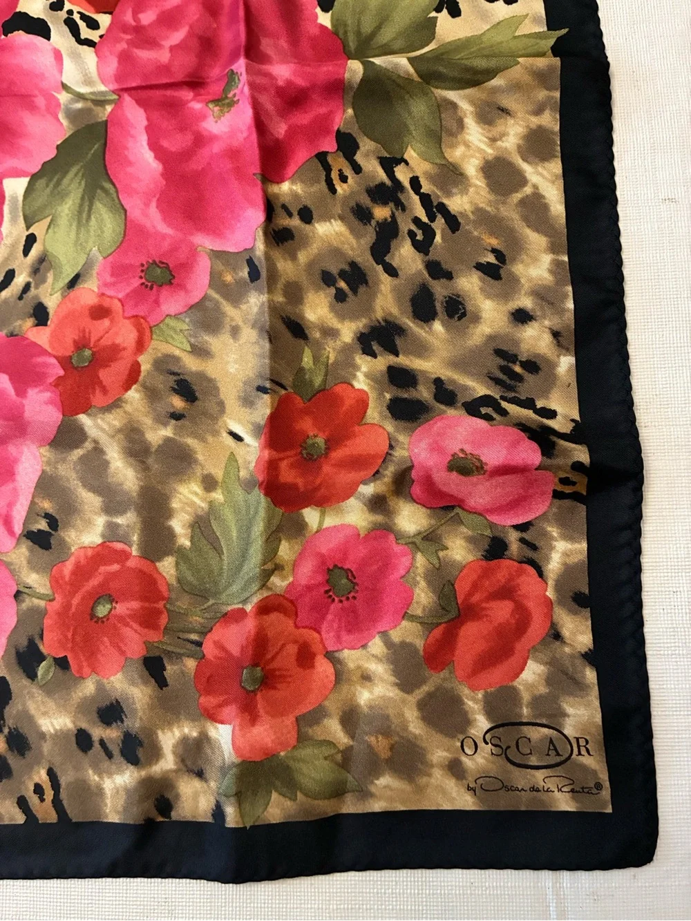 Oscar de la Renta Pink and Red Floral on Leopard Silk Scarf